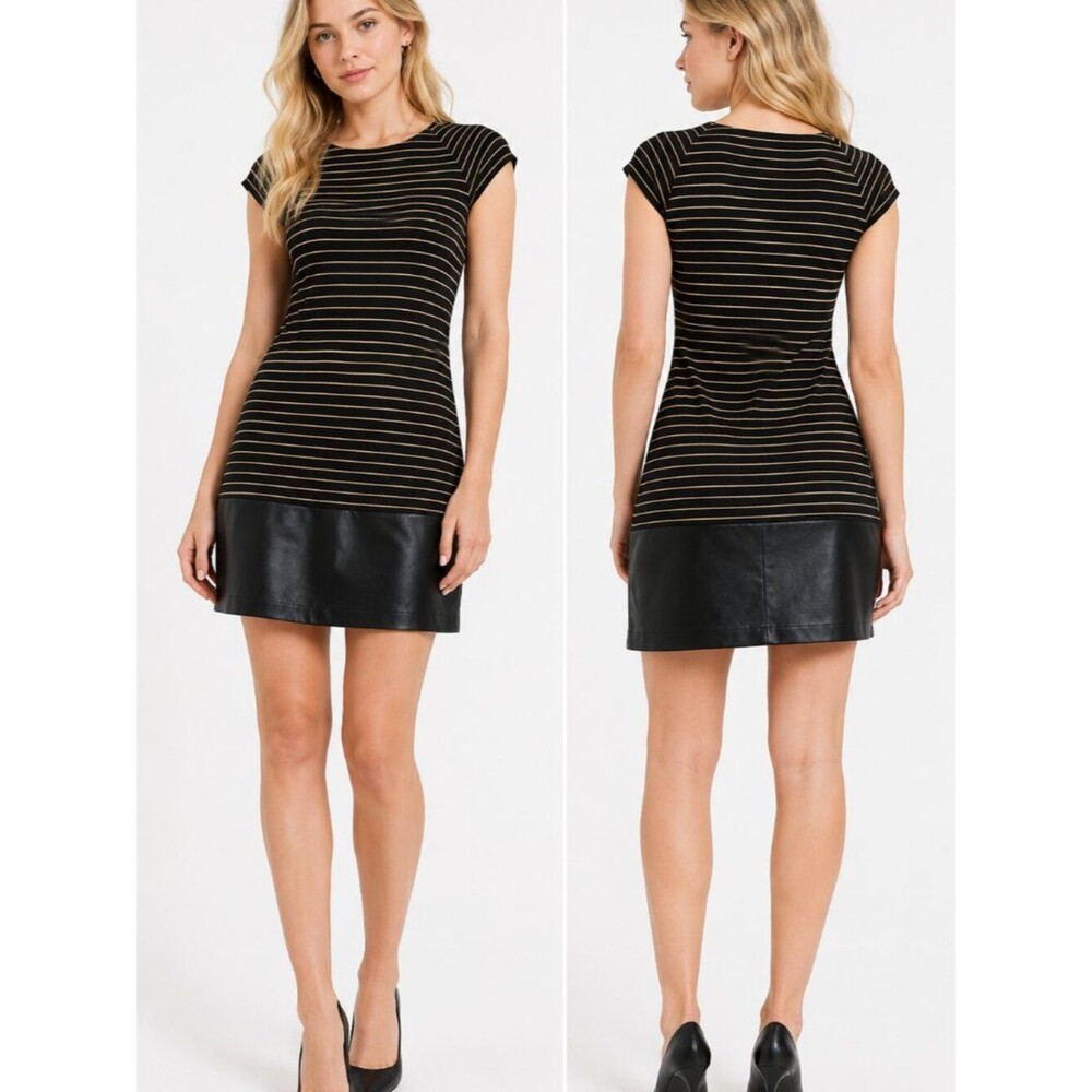 Bailey 44 D.J. Baba Striped Faux Leather Hem Shift Dress Women Black Large